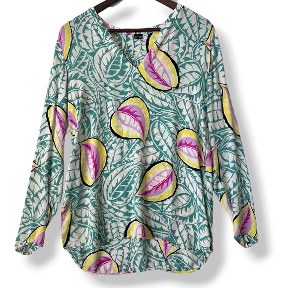 Theory Tops - Theory 100% Silk Blouse M Georgette Teal Pink Yellow Tropical Leaf Resort Luxury
